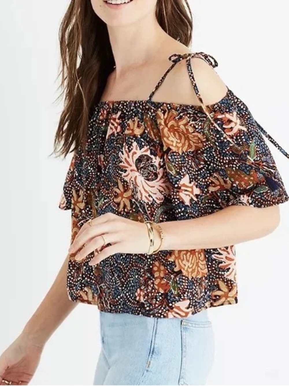 Madewell Navy Silk Floral Off-Shoulder Camisole Tank Blouse- Multicolor Print